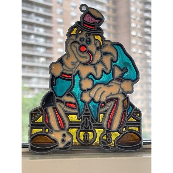 VTG Tiffany Style Stained Glass Sun Catchers Pewter Frame Circus Clowns Set of 2 - Picture 3 of 9